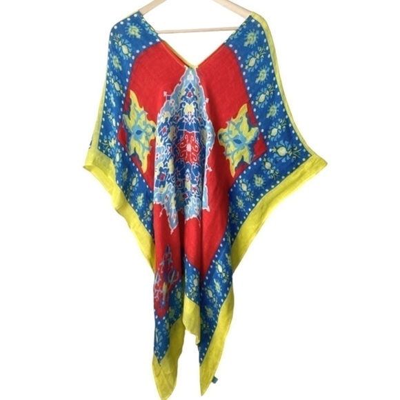 J. McLaughlin Other - J. McLaughlin  Yellow Blue Red Linen Blend Beach Cover Up Tunic Popover Kaftan